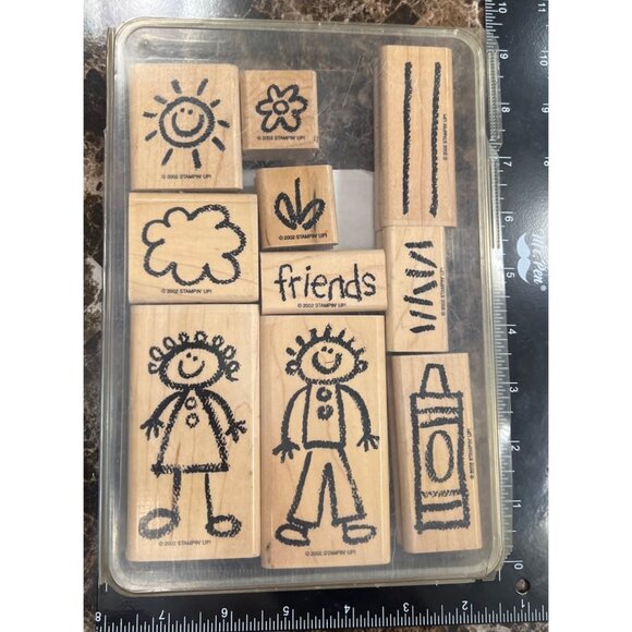 Stampin Up Definitely Decorative Crayon Kids Wood mounted Rubber Stamp Set of 10 - Picture 3 of 5